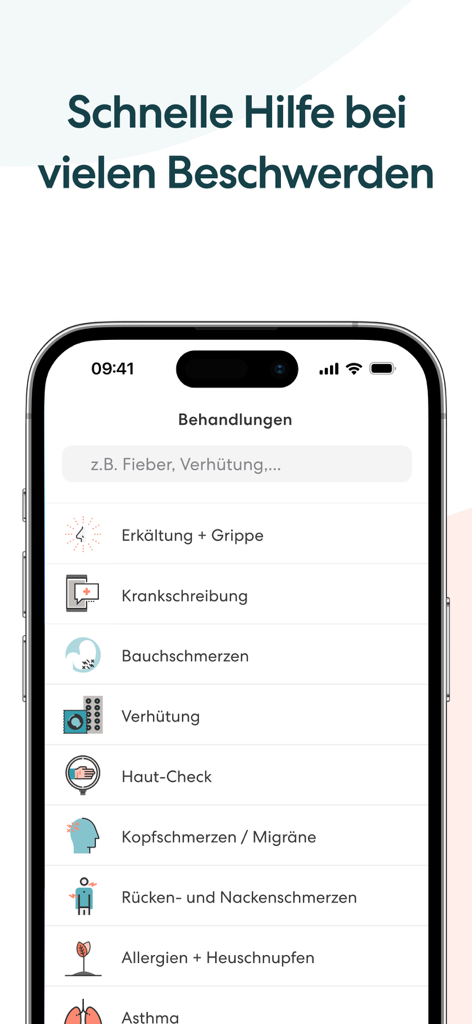 TeleClinic - Online Arzt - TeleClinic app screen showing a list of medical treatment categories for digital doctor consultations including cold, sick notes, and skin checks