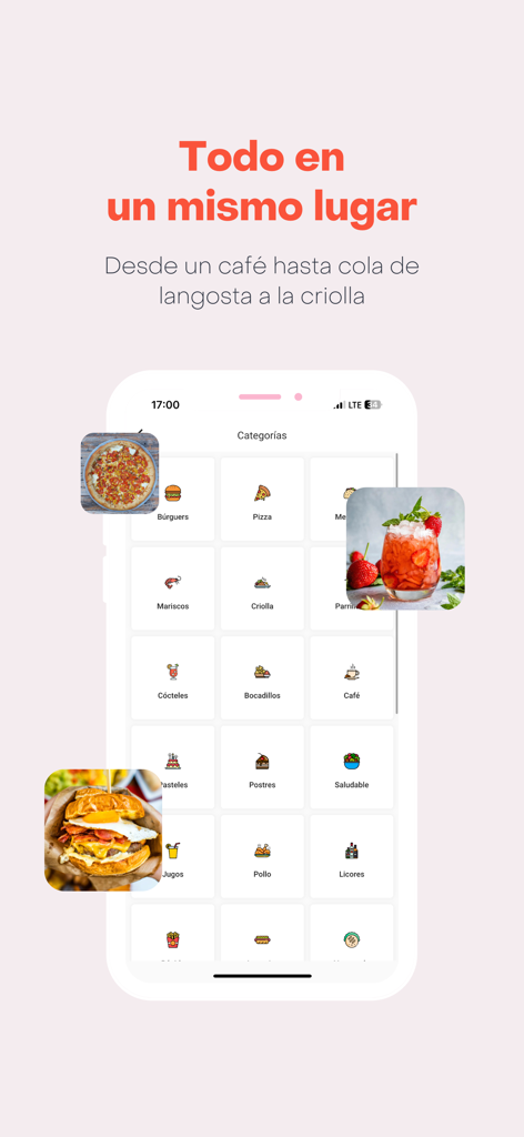 Interfaz de la aplicación Yummies que muestra una cuadrícula de categorías de alimentos y bebidas como hamburguesas, pizza y cócteles.