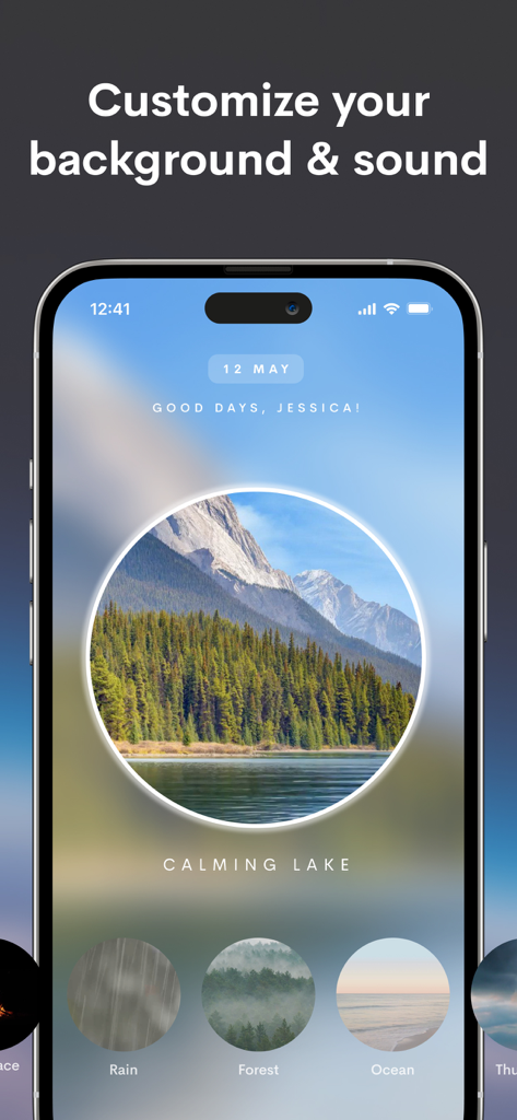 Manifest - Daily Affirmations - Interfaz de la aplicación Manifest mostrando opciones de personalización para fondos como Lago Relajante y sonidos ambientales como selva tropical y océano.