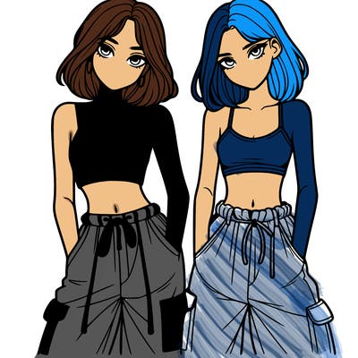 two girls with crop top with baggy pants