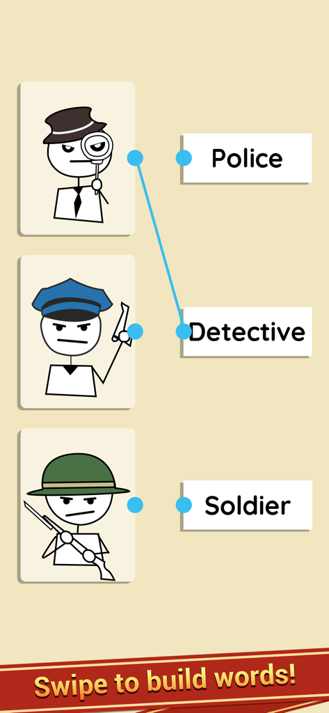 Word Link - Word Puzzle Game - Zuordnung von Strichmännchen-Bildern von Berufen zu Wörtern im Word Link-Rätselspiel.