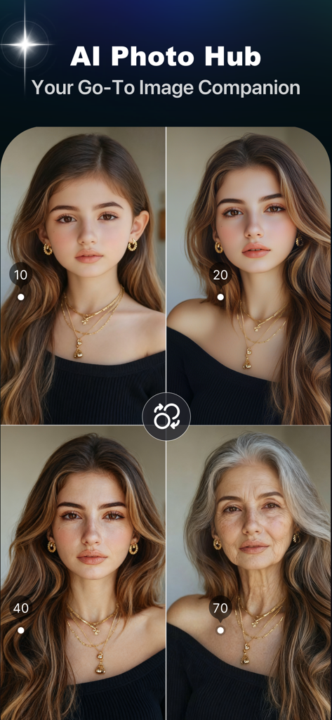 AI Morph & FaceLab - AI Morph app showing facial aging progression from age 10 to 70