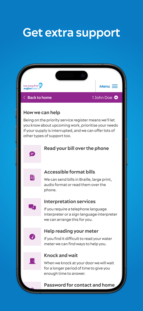 Anglian Water MyAccount - Anglian Water MyAccount app screen showing priority support services such as accessible bills and interpretation