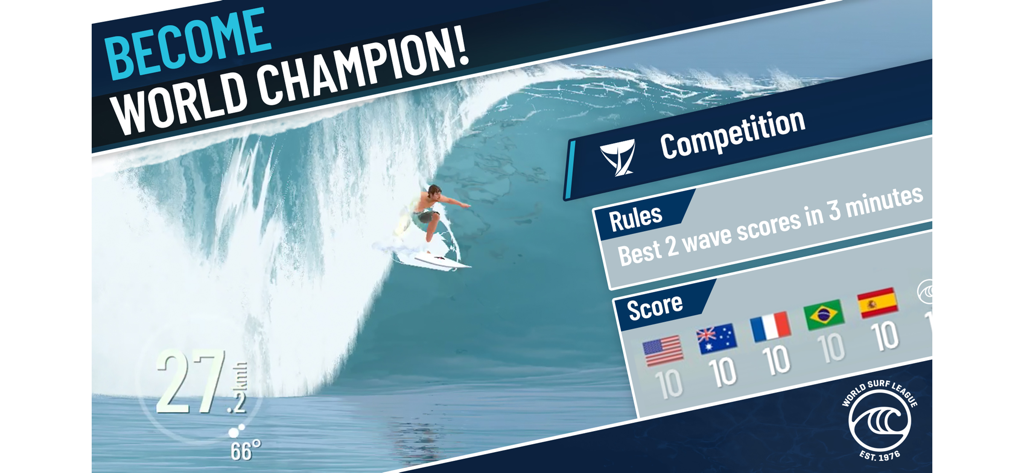 True Surf gameplay showing a surfer on a wave and a competition scoring interface with the World Surf League logo