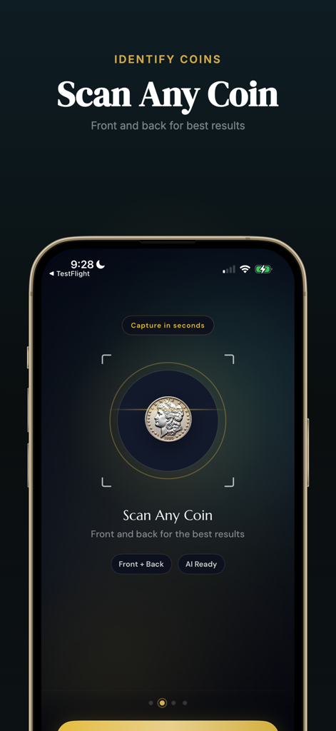 Coin AI - Identifier & Value - Interfaz móvil de la aplicación Coin AI que muestra la herramienta de identificación y escaneo de monedas para capturar ambos lados de una moneda.