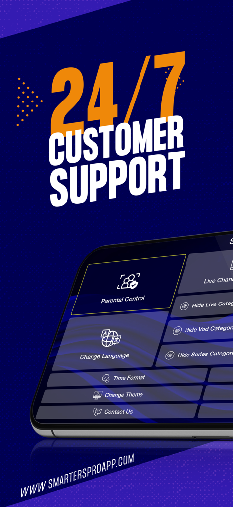 Écran promotionnel Smarters IPTV Pro montrant le support client 24h/24 et 7j/7 et l'interface des paramètres de l'application