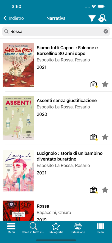 BinP - Una lista de libros en los resultados de búsqueda de la aplicación BinP que muestra títulos, autores y años de publicación de literatura italiana.