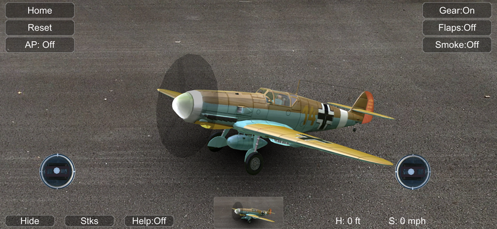 Ein detailliertes WWII-Kampfflugzeug-RC-Flugzeug auf einer Asphaltpiste in der Absolute RC Simulator-Oberfläche.