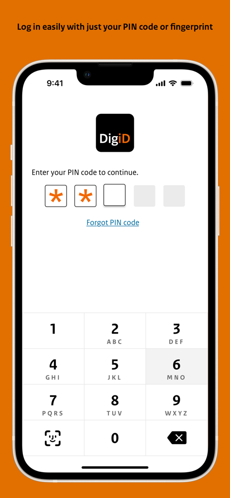 DigiD - DigiD app login screen showing a 5-digit PIN entry and numeric keypad on an iPhone.