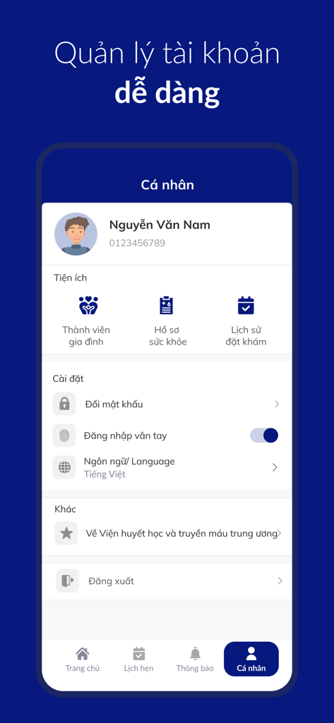 A screenshot of the Xanh Pon Care app profile section showing personal account management and health records.