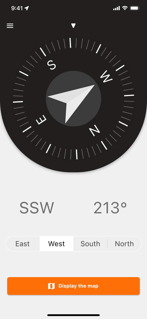 Digital compass interface of the NSEW Compass app showing a 213 degree SSW heading.