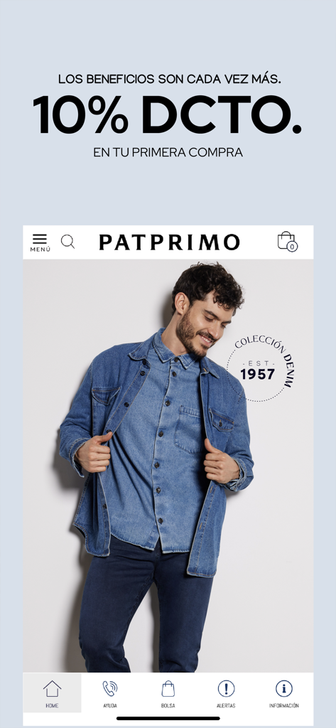 Patprimo clothing app screen showing men denim collection and first purchase discount