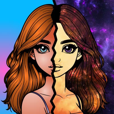 realistic girl split into two