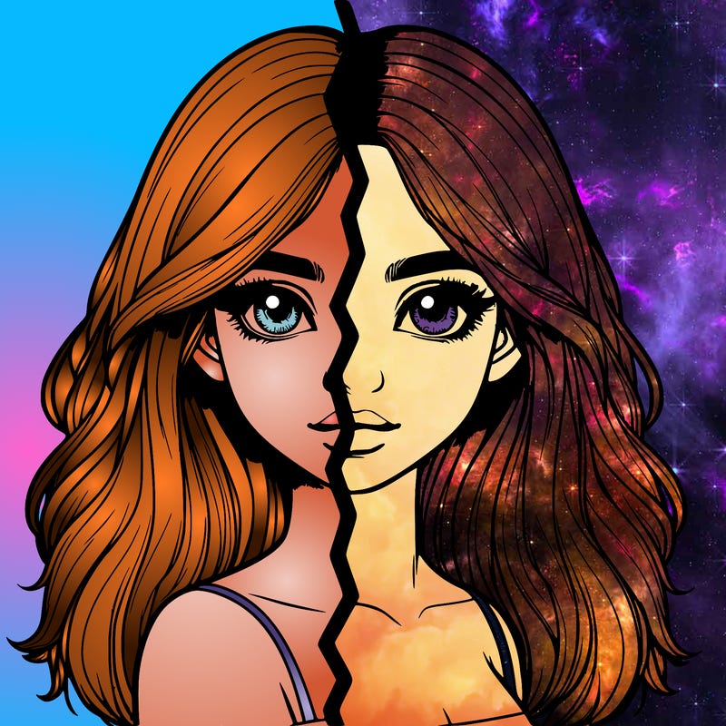 realistic girl split into two