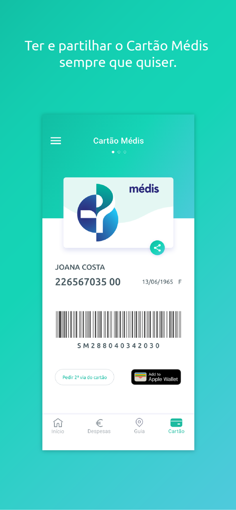 Captura de tela do aplicativo Medis mostrando um cartão de seguro de saúde digital com um código de barras e um botão Adicionar à Carteira Apple.