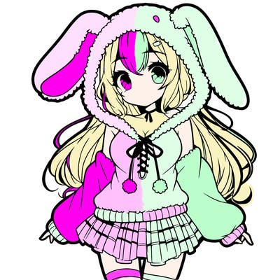 pretty anime girl wearing a fluffy hoodie with bunny ears on the hood and a skirt