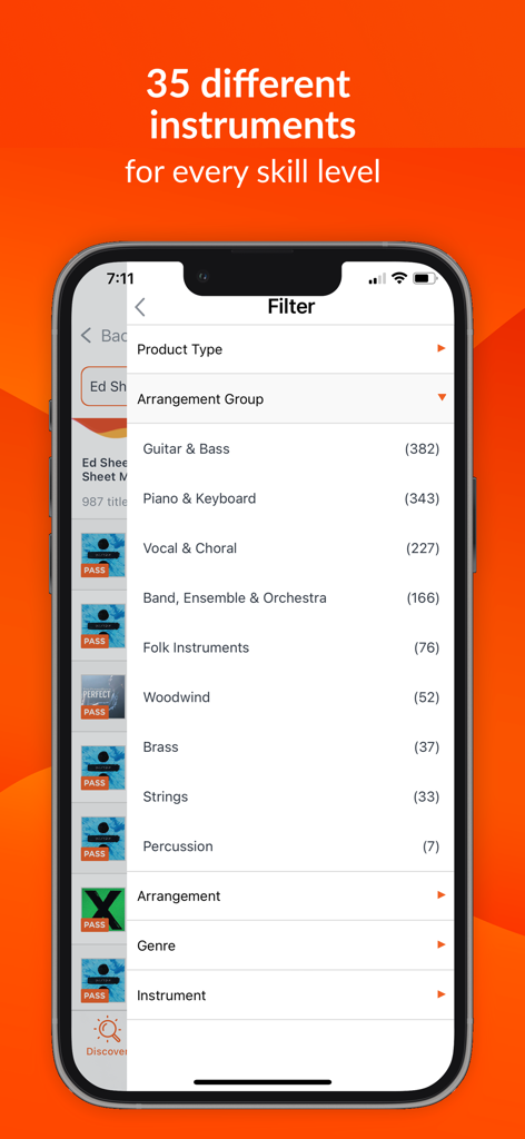 Sheet Music Direct - Sheet Music Direct app instrument filter categories screen