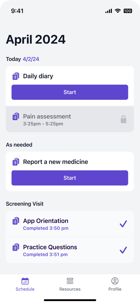 Medable - Medable app interface showing a clinical trial participant schedule with daily diary tasks and screening visit progress.