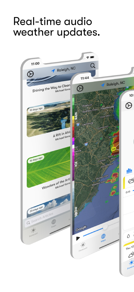 Screenshots of the Weatherology app highlighting real time audio weather updates and local radar maps