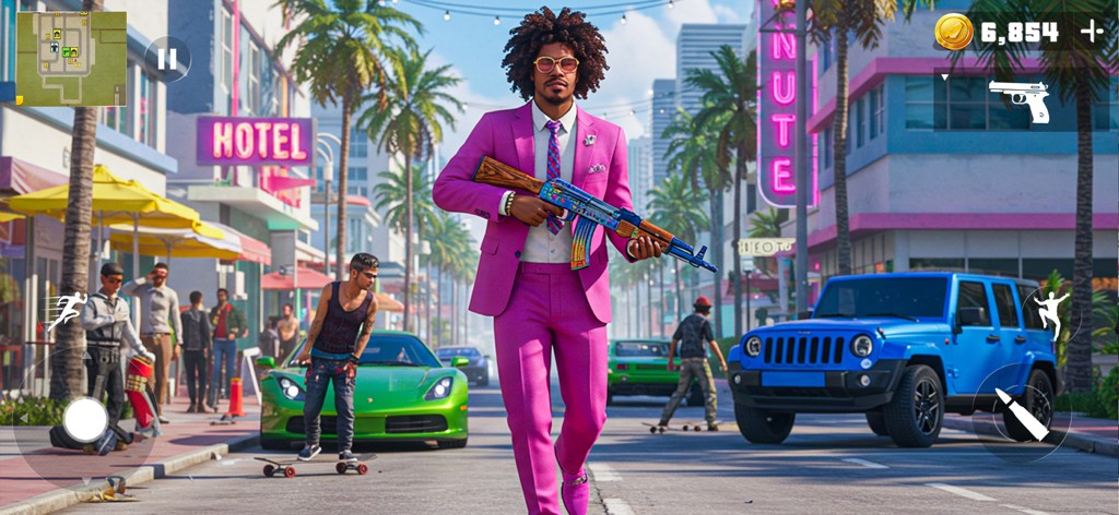 Rogue City Crime Gangster Game - A gangster character in a purple suit holding a rifle on a sunny city street with cars and pedestrians.