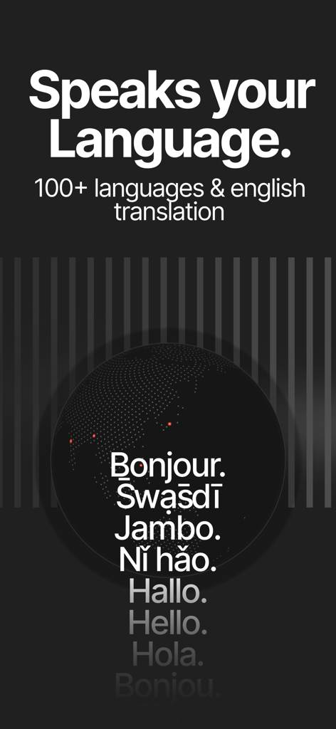 superwhisper - Ein Screenshot einer mobilen App, der den Text Spricht Ihre Sprache mit einer Liste von Begrüßungen in verschiedenen Sprachen über einem Globussymbol zeigt.