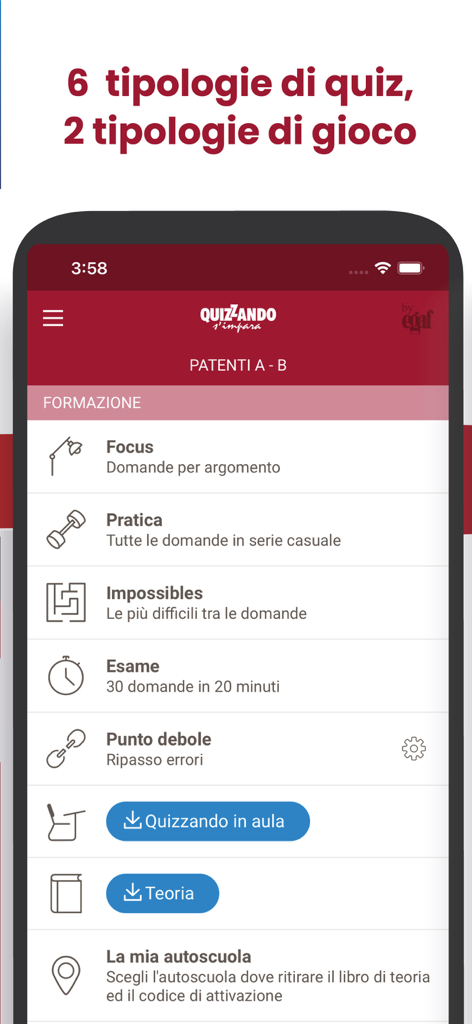 Quiz Patente 2026 - Main menu of the Quiz Patente 2026 app showing various quiz modes like focus practice and exam simulation