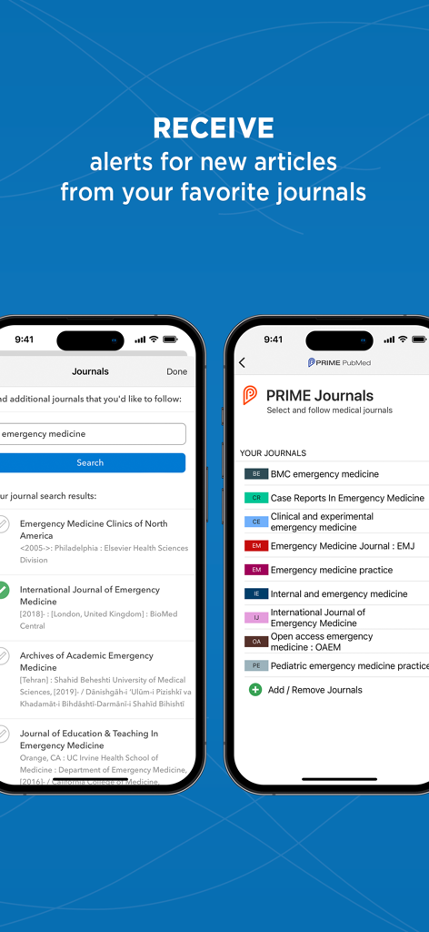 Prime PubMed app screen showing journal selection and alert features
