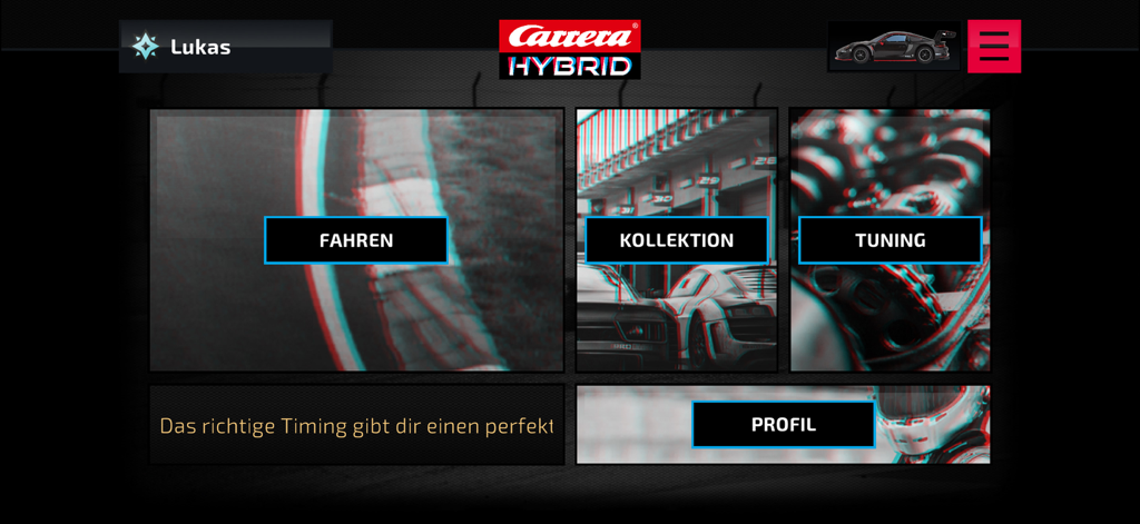 Carrera - HYBRID - Carrera Hybrid app dashboard featuring driving, collection, and tuning menu options in German.