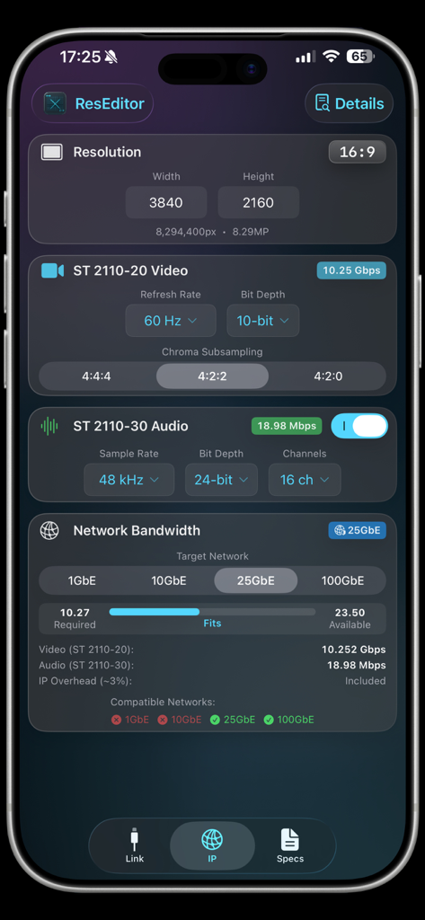 Interface of ResEditor app showing ST 2110 IP video and audio bandwidth calculation results for a 25GbE network