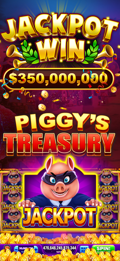 Gold Rich Casino - Vegas Slots - La aplicación Gold Rich Casino muestra una ganancia de bote de 350 millones de dólares en la máquina tragaperras Piggys Treasury