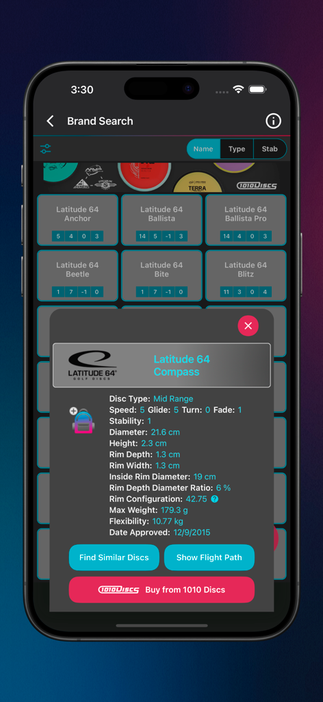 Disc Finder: Disc Golf Bag - Technical specifications and flight numbers for a Latitude 64 Compass disc.