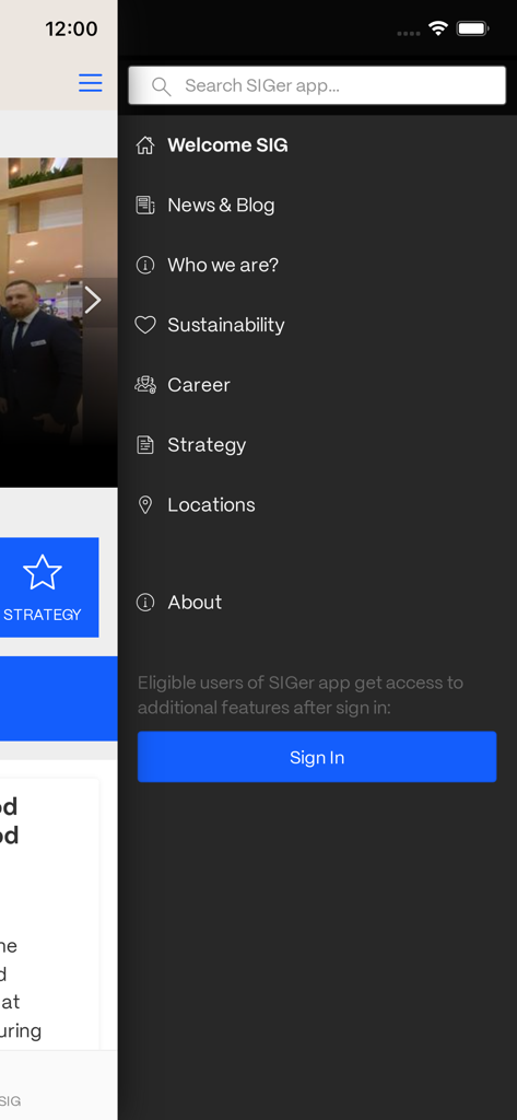 SIGer app - The sidebar navigation menu of the SIGer app showing links for News Sustainability Career and Strategy