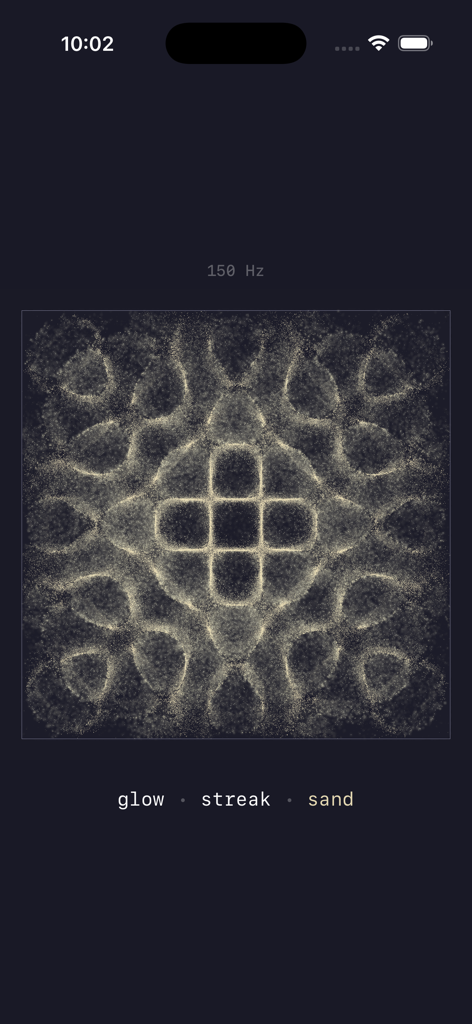 Cymatica: Sounds & Visualizer - Intricate geometric sand pattern on a square plate at 150Hz in Cymatica app