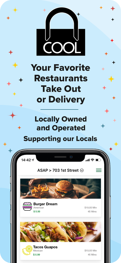 It's Cool Delivery - Promotional screen for the Its Cool Delivery app featuring local restaurant listings and community support messaging