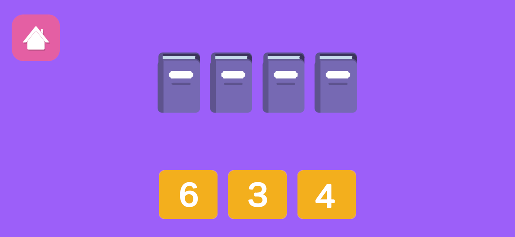 Autism Learning Games For Kids - A simple counting game screen from the Autism Learning Games app showing four purple books and buttons for numbers six, three, and four