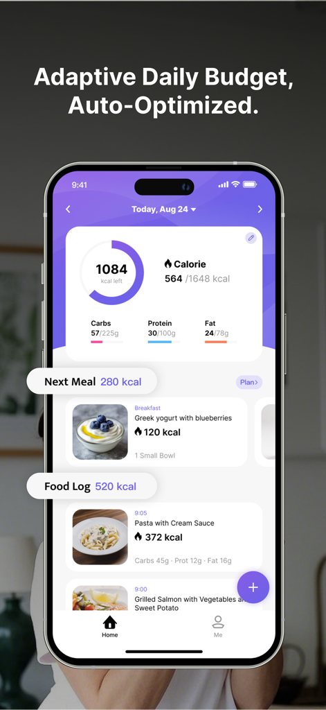Calite AI - Calorie Counter - Calite AI app dashboard showing a daily calorie budget, macronutrient progress, and a visual food log with meal photos