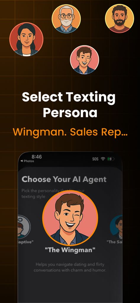 Temp Number - Temphone - Oberfläche der Temphone-App, die KI-Textpersönlichkeitsoptionen wie „The Wingman“ für Dating und „Sales Rep“ für Geschäftszwecke anzeigt.