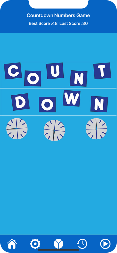 The Countdown Numbers Game - Home screen of The Countdown Numbers Game app showing the title and scores