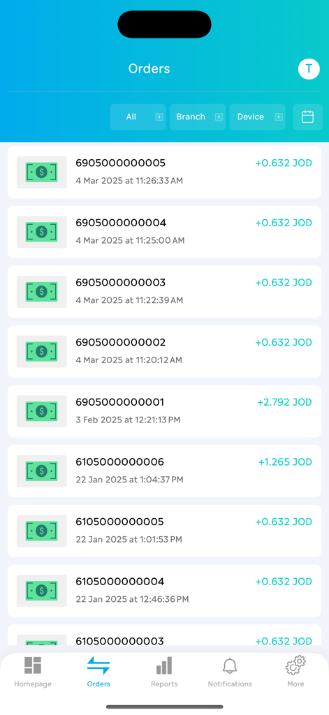Interfaccia di TABsense Dashboard che mostra un elenco di ordini di vendita recenti con ID di transazione e dettagli sul prezzo.