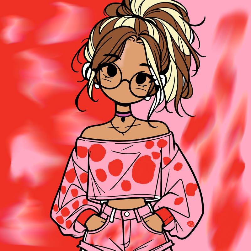 girl with a messy ponytail glasses a baggy crop top and jean shorts