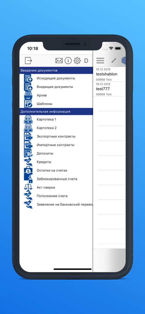 Menú principal de la aplicación bancaria Alliance Mobile para empresas que muestra opciones de gestión de documentos y cuentas.