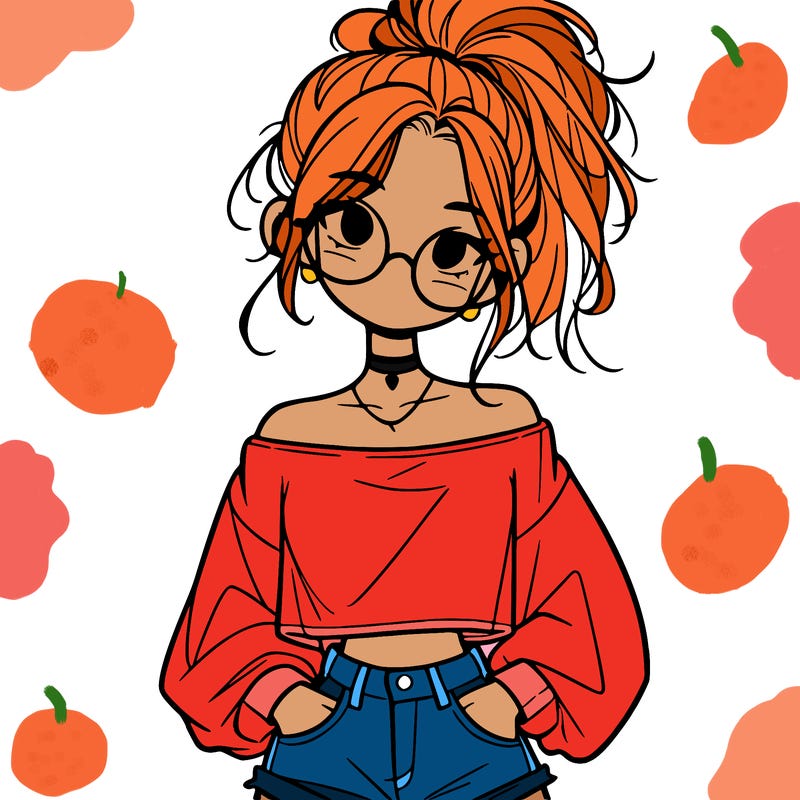 girl with a messy ponytail glasses a baggy crop top and jean shorts