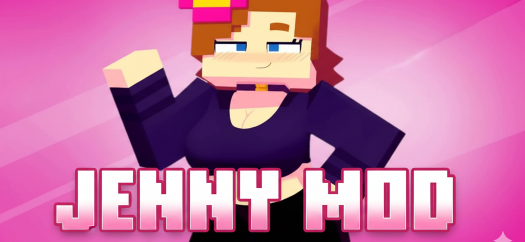 Uma personagem de Minecraft chamada Jenny do addon Jenny Mod com fundo rosa