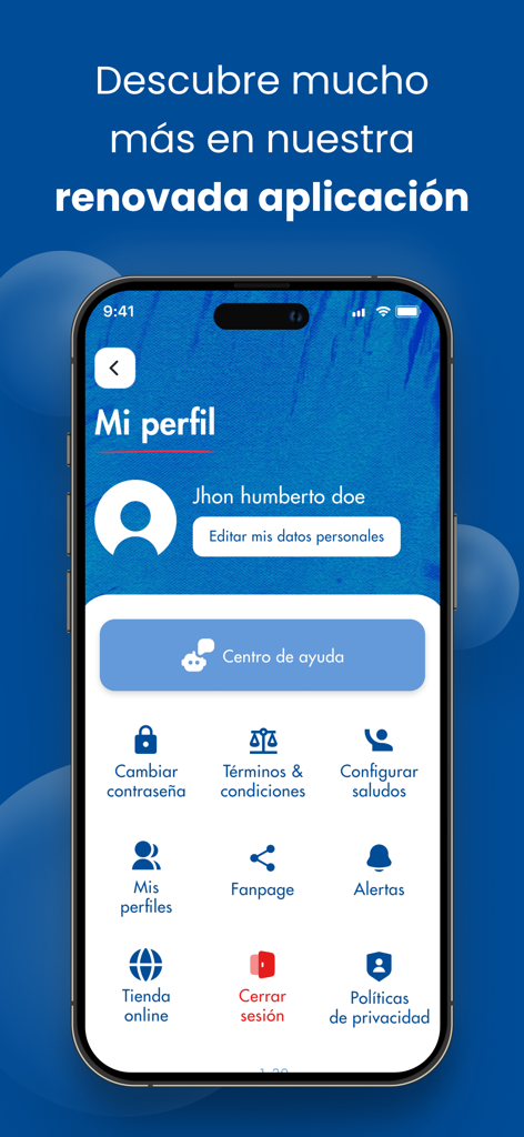 User profile screen of the San Fernando app displaying account settings and menu options in Spanish.