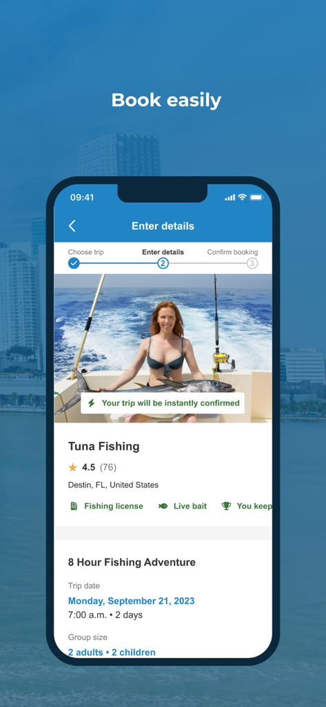 Tela do aplicativo FishingBooker mostrando detalhes de reserva para um charter de pesca de atum em Destin, Flórida