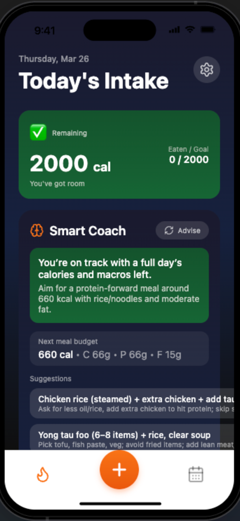 Macros Snap Smart Coach-Bildschirm, der die tägliche Kalorienaufnahme und Mahlzeitenempfehlungen im Dark Mode anzeigt.
