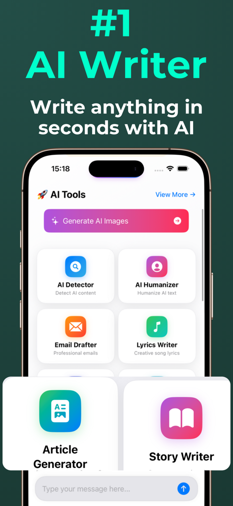 AI Writer & AI Checker ACI - Smartphone interface of an AI writing app featuring content generation detection and humanizer tools