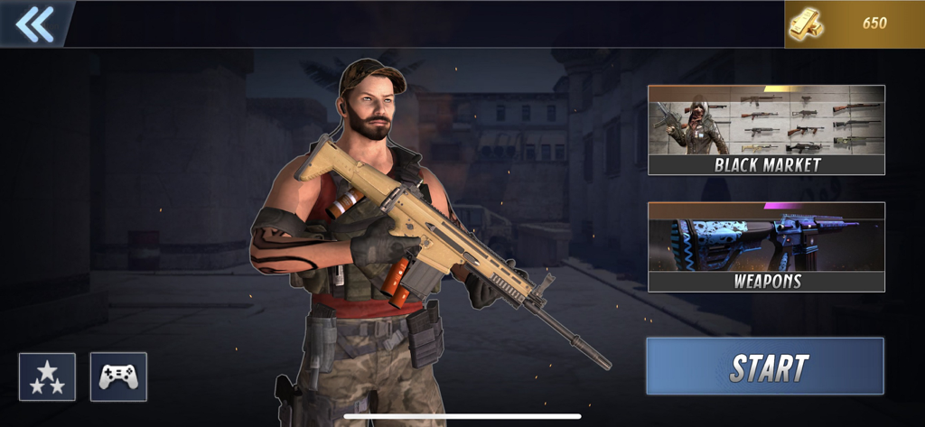 Lobby di gioco di Gun Zone che mostra un personaggio tattico che impugna un fucile d'assalto e un menu di selezione armi