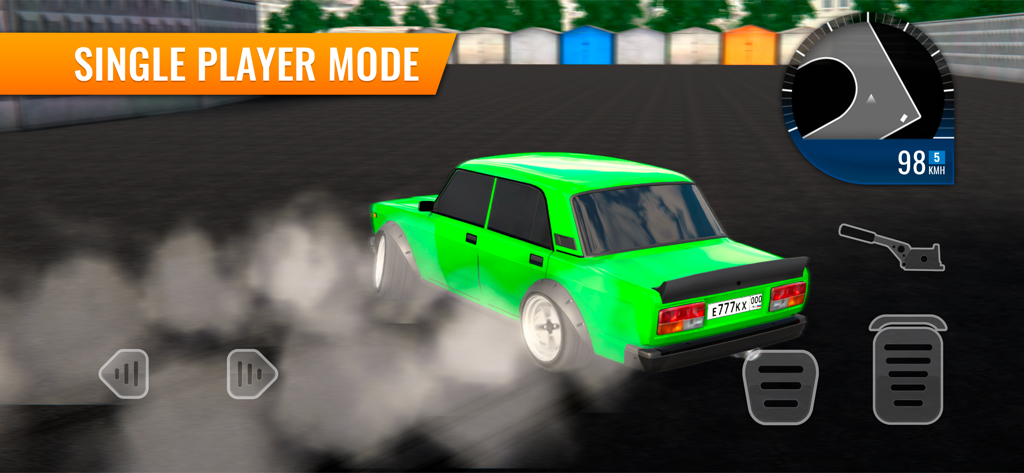 Russian Car Drift - A green customized car drifting in single player mode with smoke behind the tires and on-screen racing controls