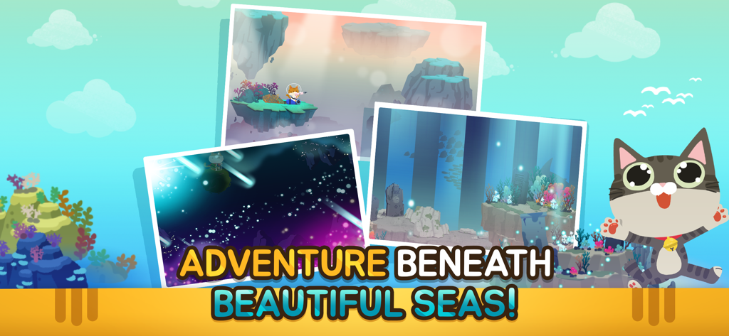 The Fishercat - The Fishercat game banner showing underwater scenery and gameplay screenshots with a cute cartoon cat